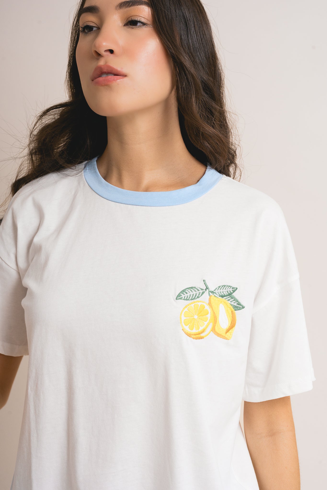 Lemon Embroidery Contrast Neck Band T-shirt