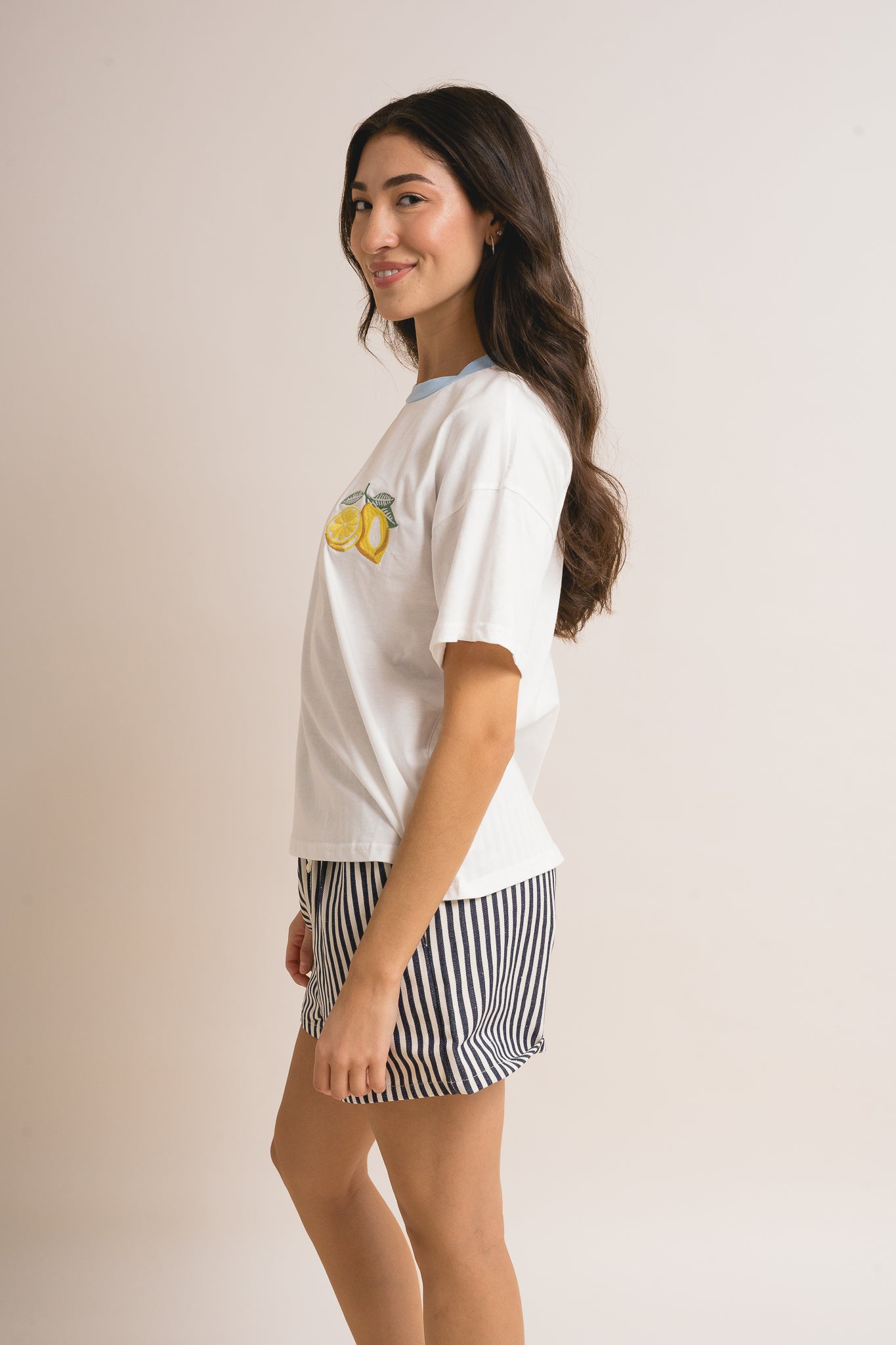 Lemon Embroidery Contrast Neck Band T-shirt