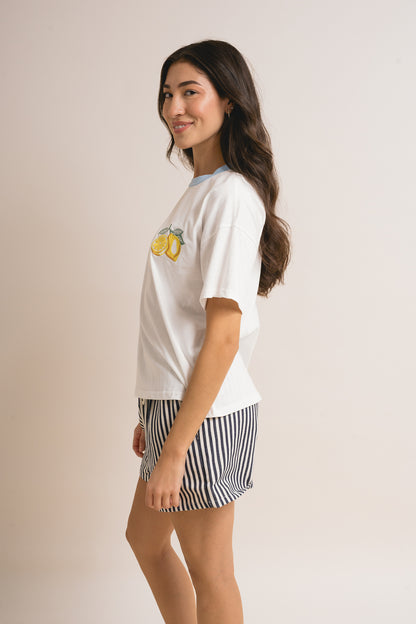 Lemon Embroidery Contrast Neck Band T-shirt