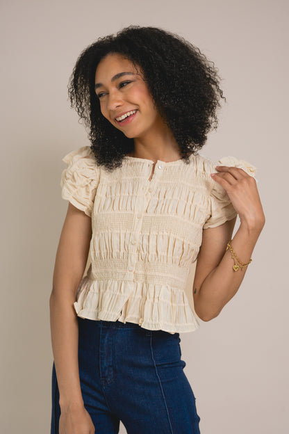 Textured Button Front Blouse Top