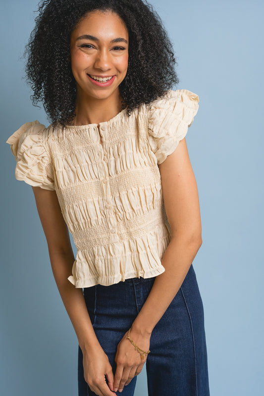 Textured Button Front Blouse Top