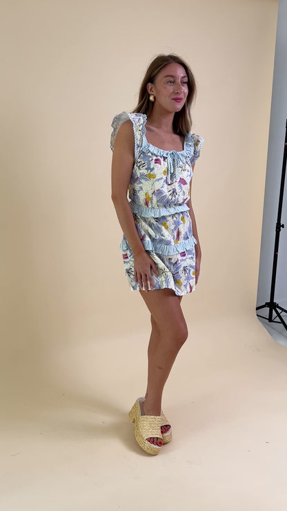 Floral Romper Dress With Striped Ruffle Trim