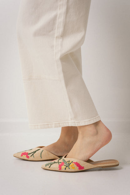 Embroidered Raffia Mules