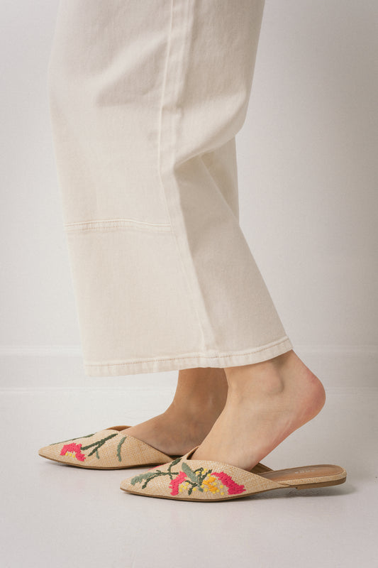 Embroidered Raffia Mules