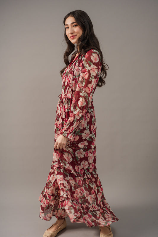 Cara Floral Print Ruffle Maxi Dress
