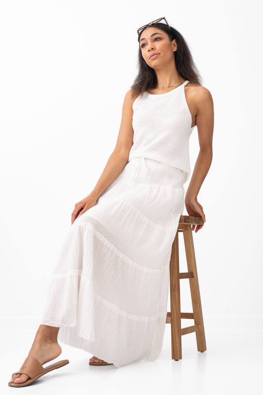 Frayed Hem White Tiered Maxi Skirt