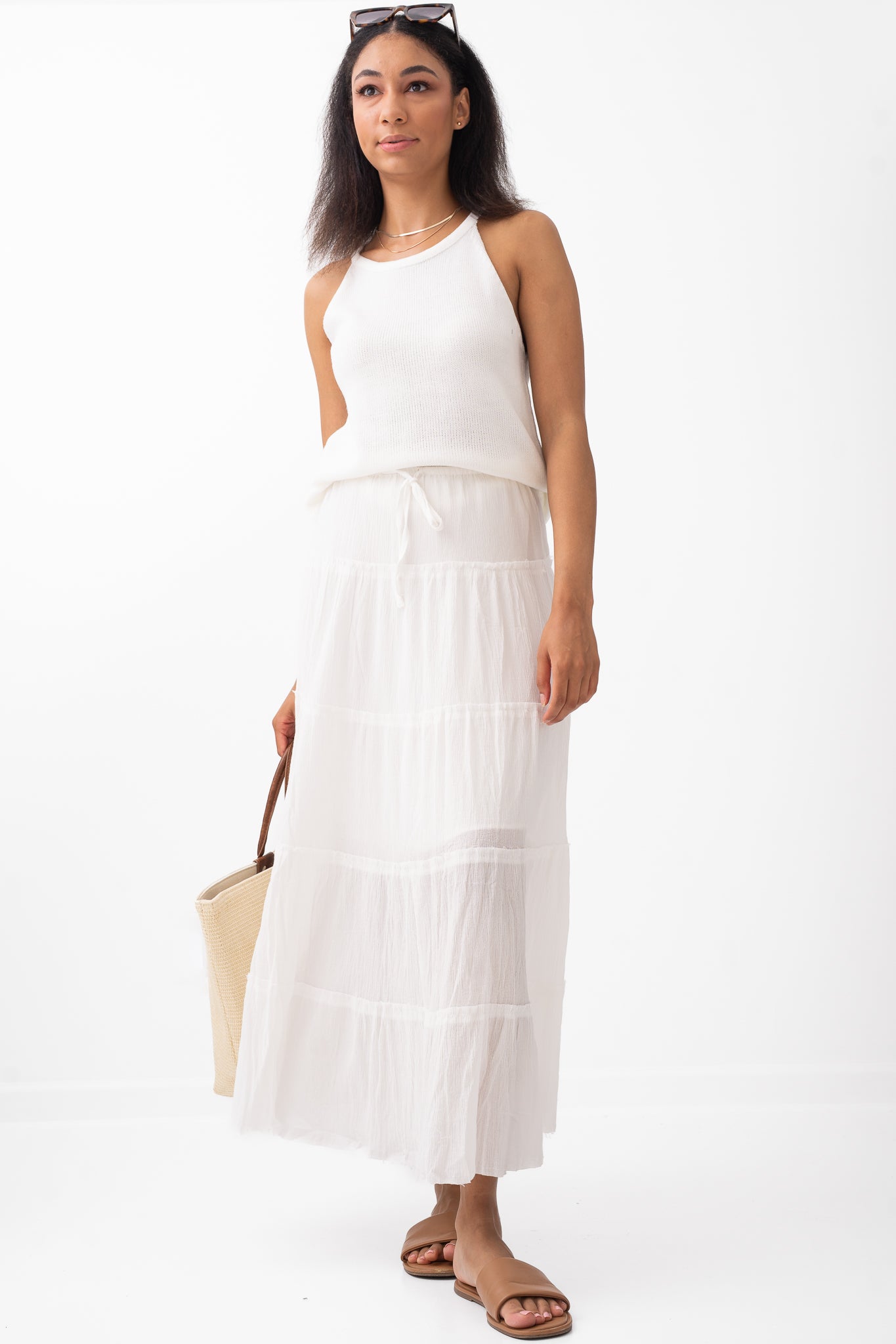 Frayed Hem White Tiered Maxi Skirt