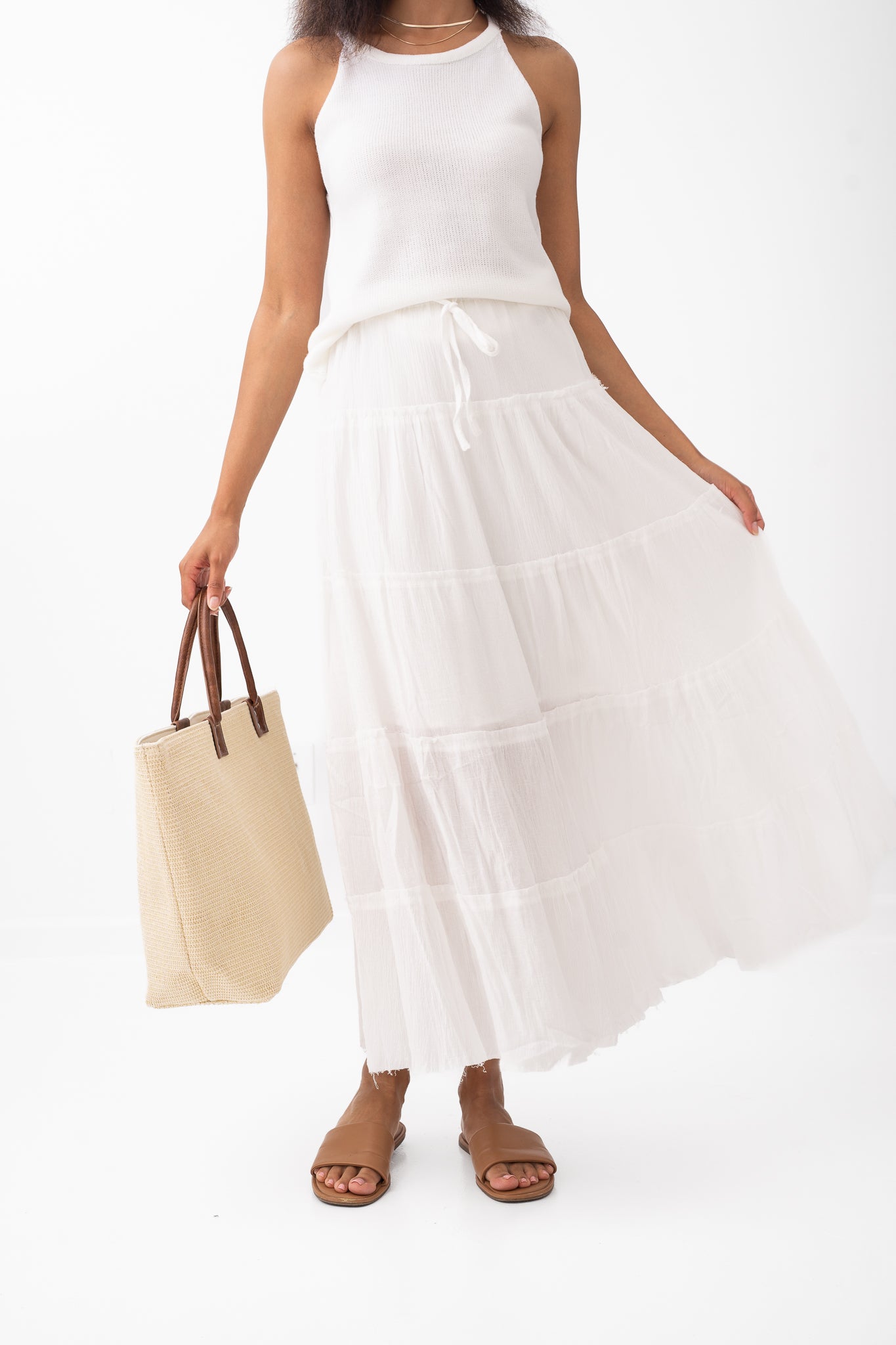 Frayed Hem White Tiered Maxi Skirt