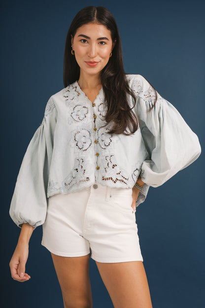 Denim Embroidery Balloon Sleeve Top