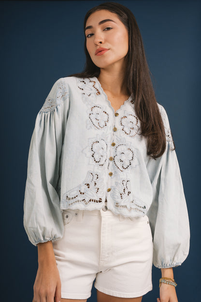 Denim Embroidery Balloon Sleeve Top
