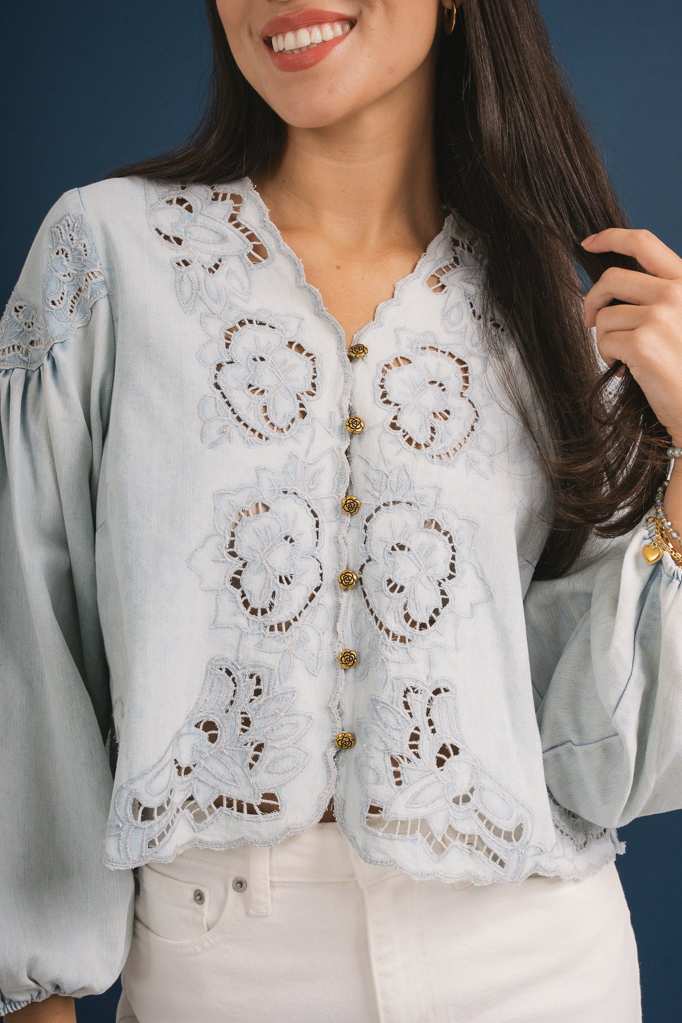 Denim Embroidery Balloon Sleeve Top