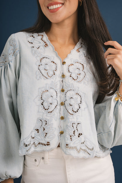 Denim Embroidery Balloon Sleeve Top