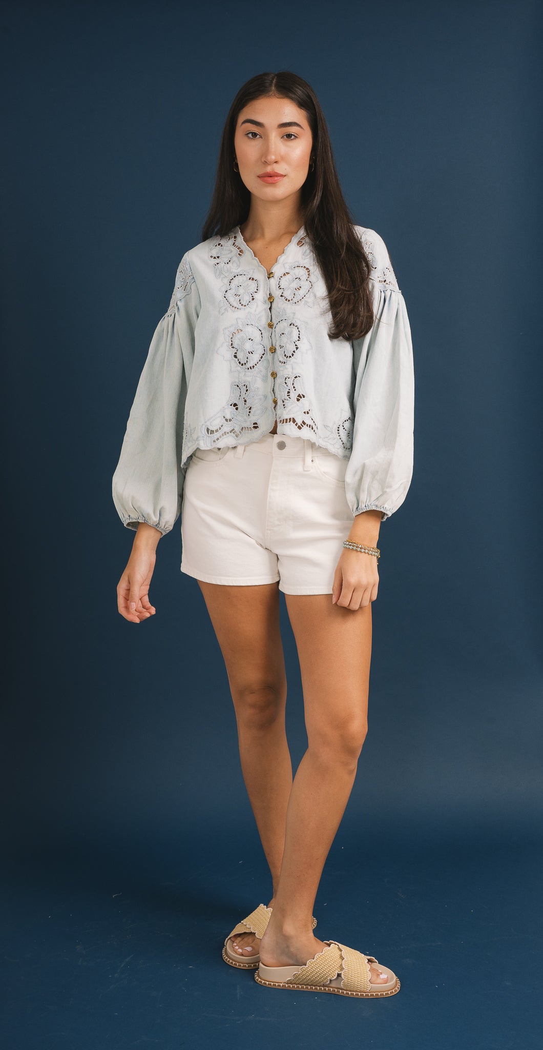 Denim Embroidery Balloon Sleeve Top