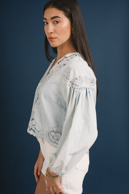 Denim Embroidery Balloon Sleeve Top