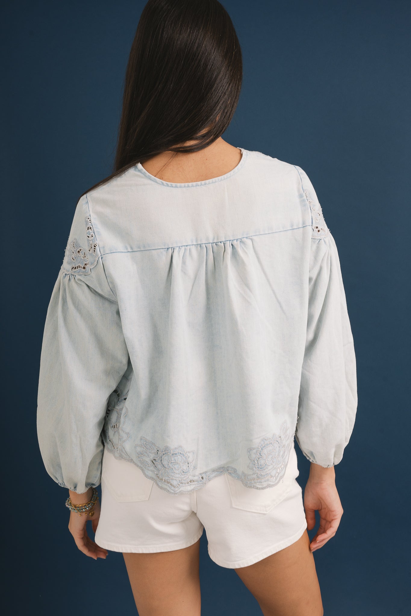 Denim Embroidery Balloon Sleeve Top