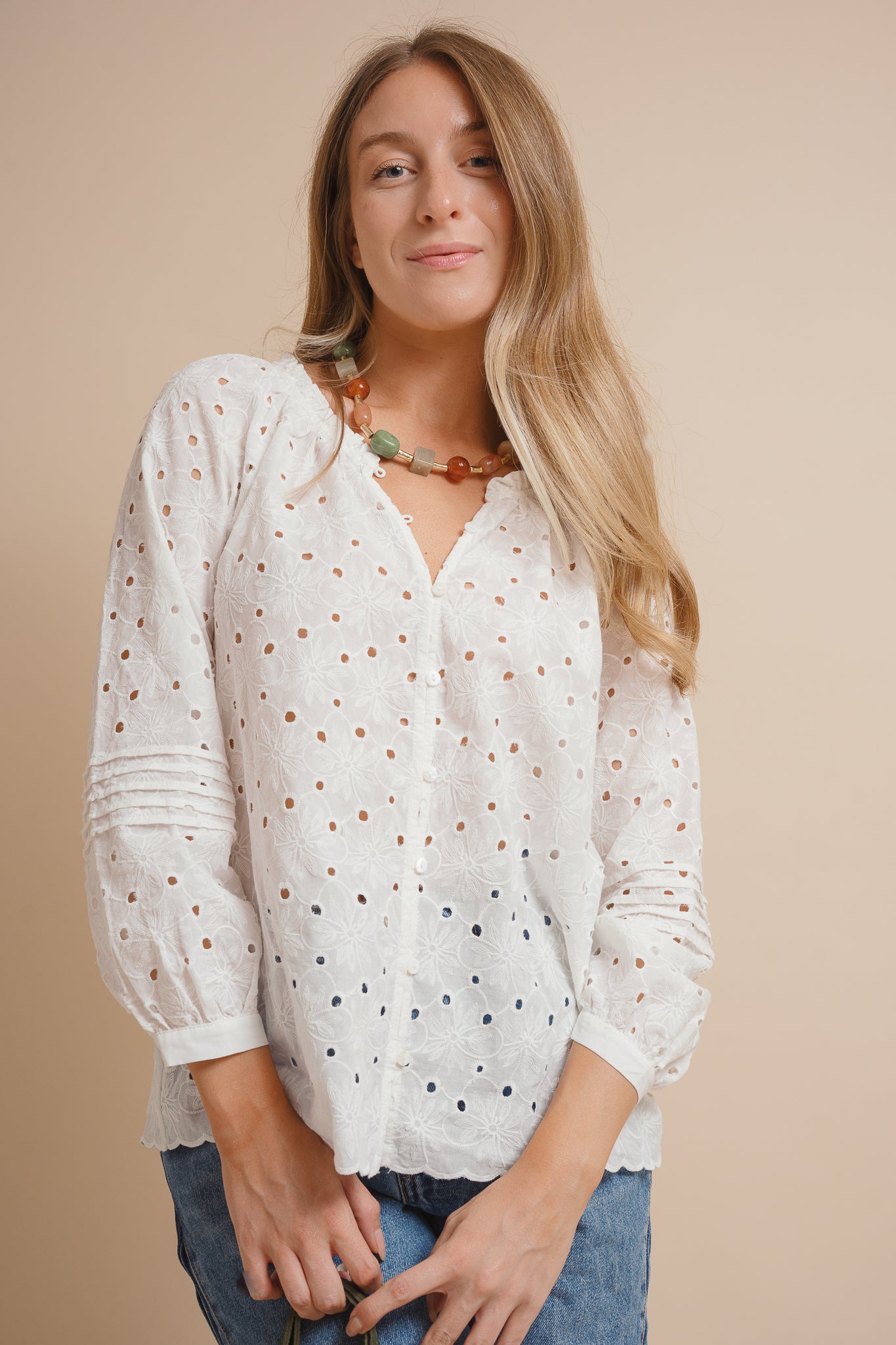 Floral Eyelet Button-Down Blouse