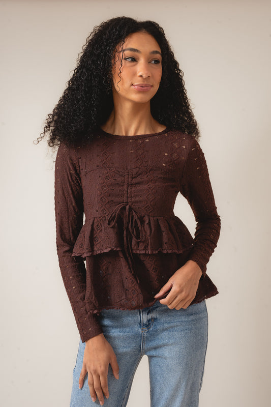 Cinched and Tiered Crochet Long Sleeve Top