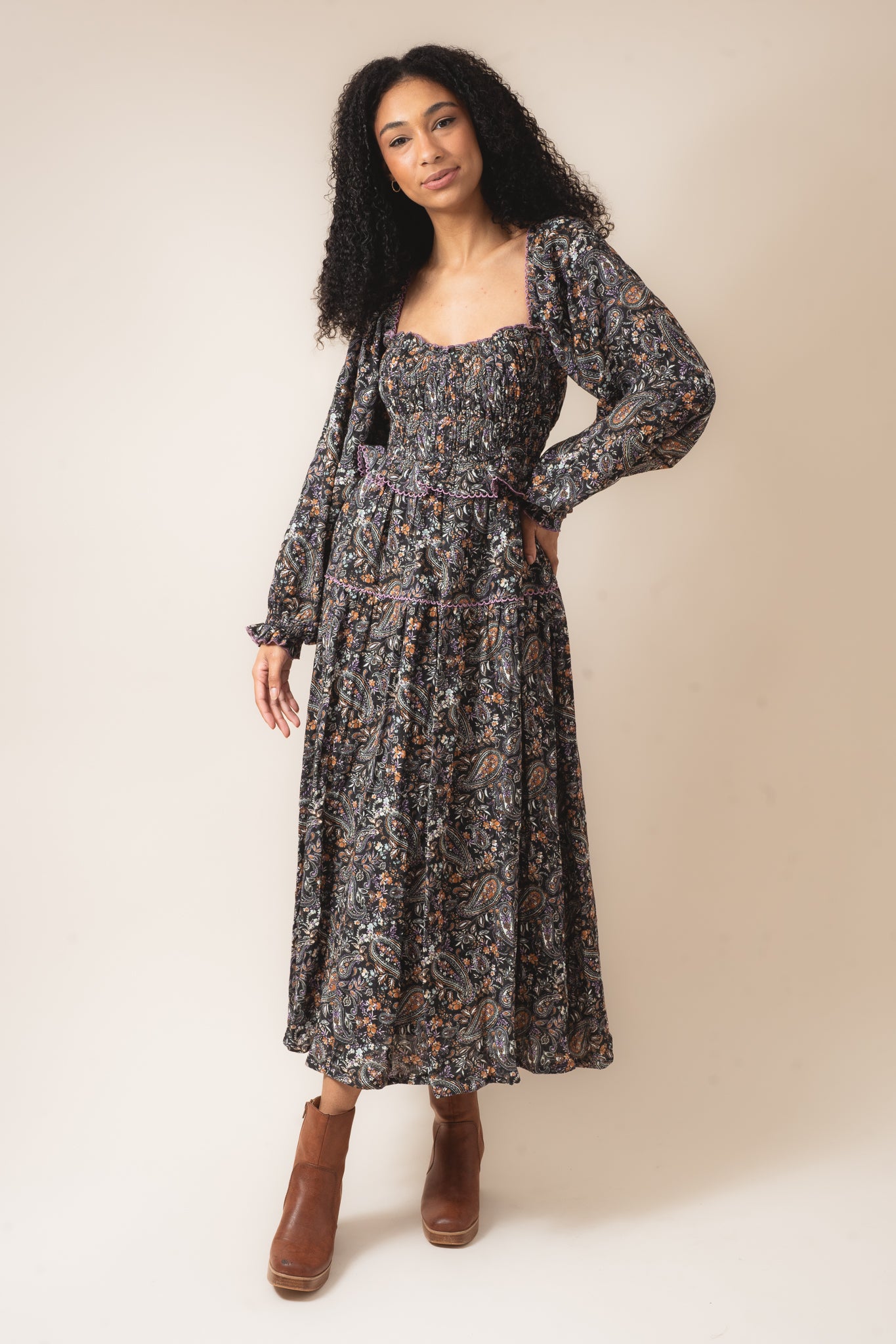 Paisley Flower Print Sweetheart Smocked Maxi Dress