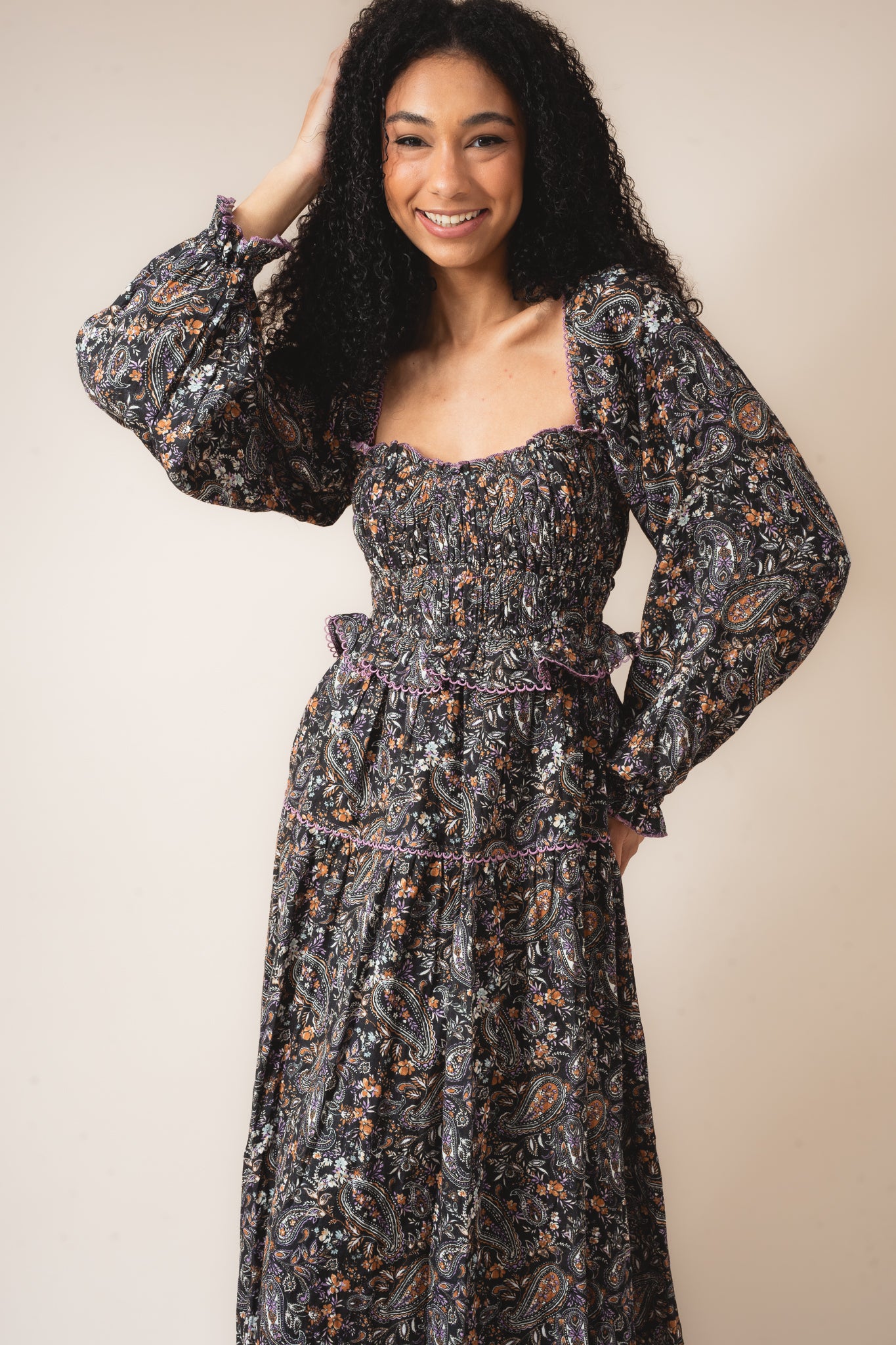 Paisley Flower Print Sweetheart Smocked Maxi Dress