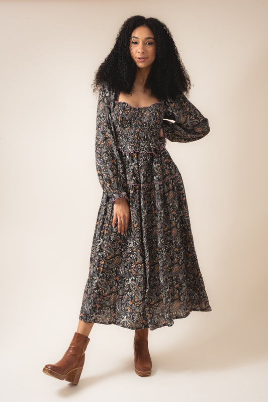 Paisley Flower Print Sweetheart Smocked Maxi Dress