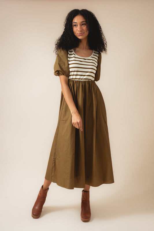 Mixed Media Balloon Sleeve Midi Dress