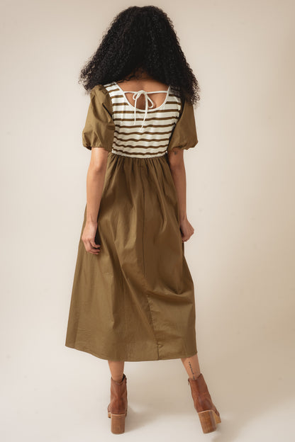 Mixed Media Balloon Sleeve Midi Dress