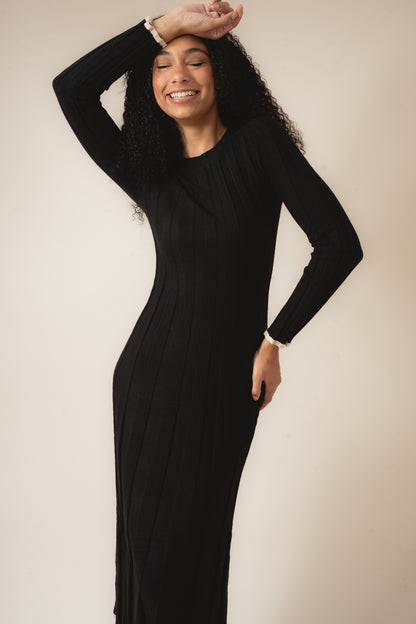 Solid Ribbed Knit Maxi Sweater Dress