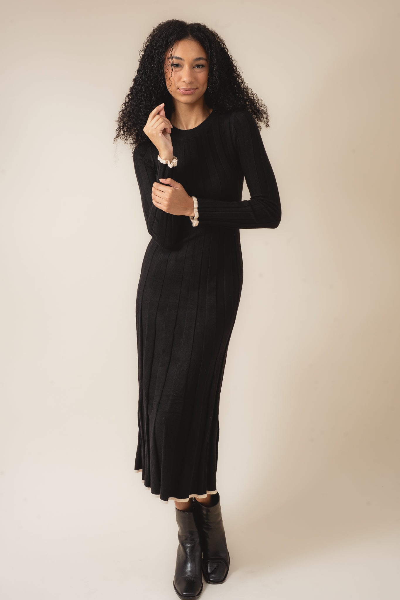 Solid Ribbed Knit Maxi Sweater Dress