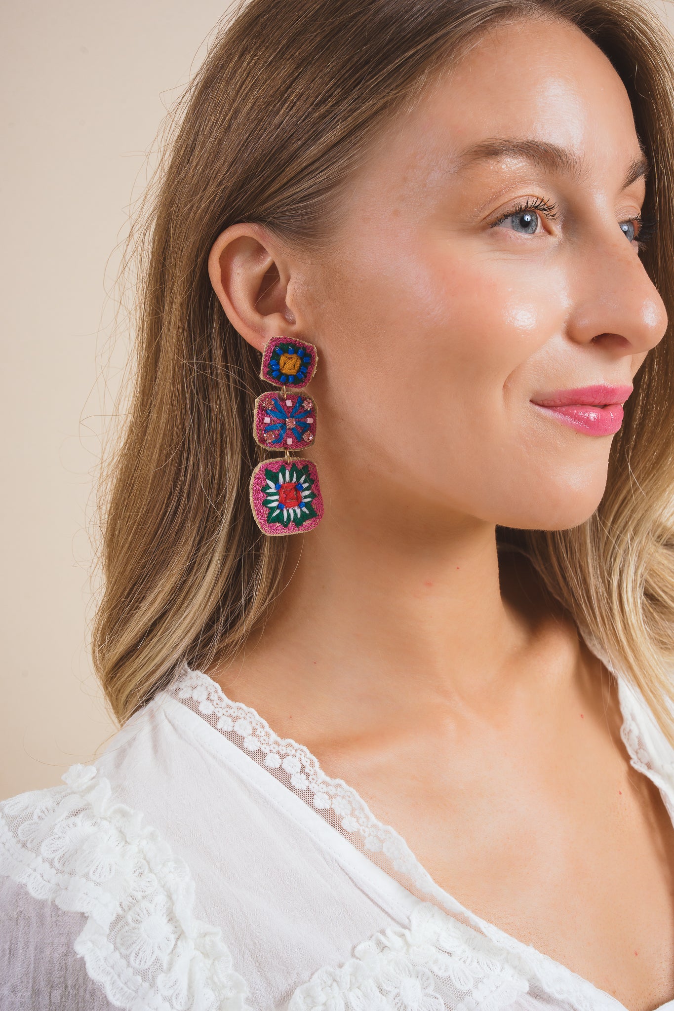 Embroidered Crochet Drop Earrings