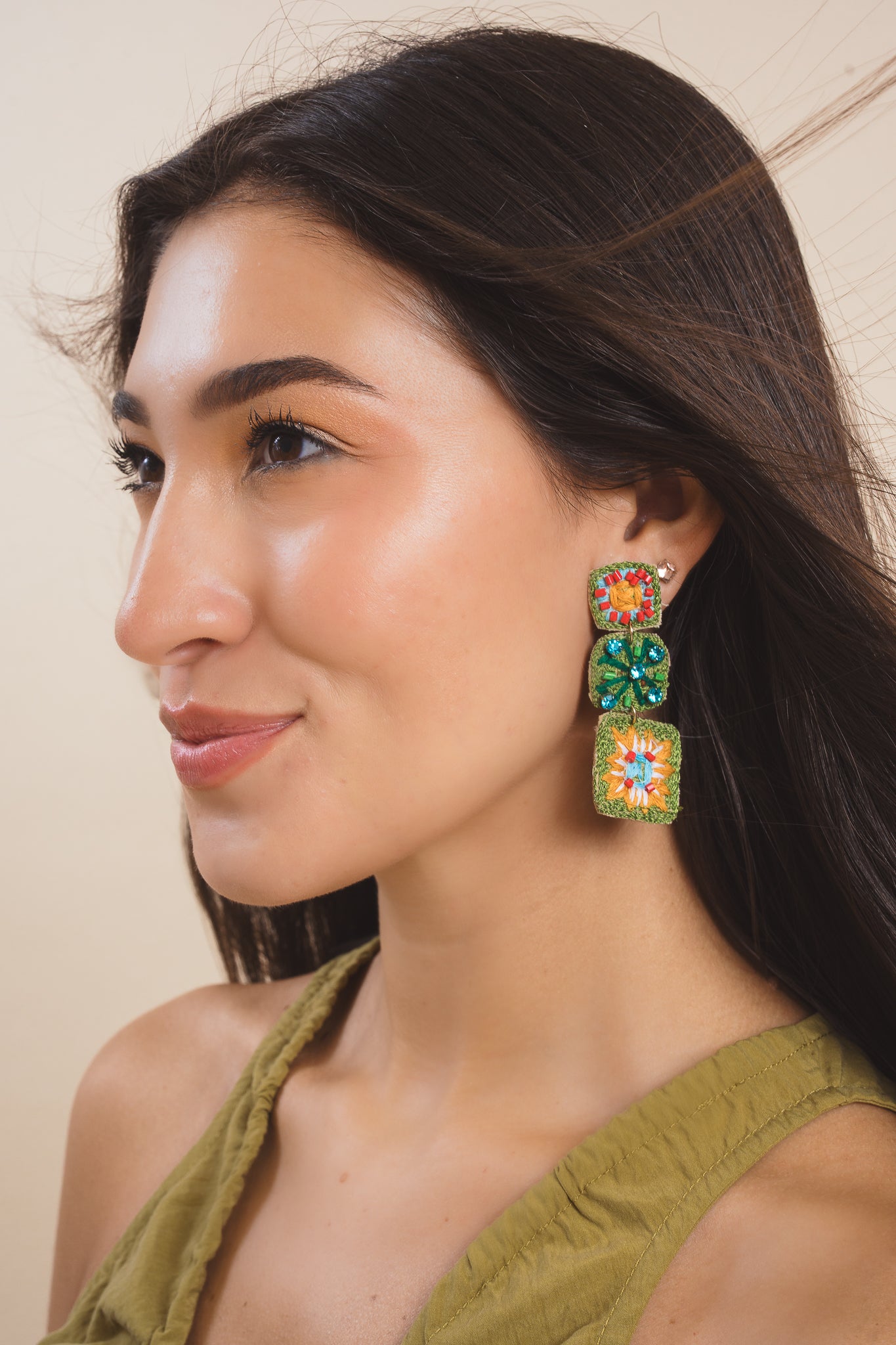 Embroidered Crochet Drop Earrings