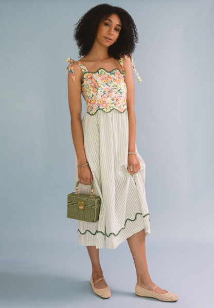 Mixed Print Contrast Scallop Binding Midi Dress