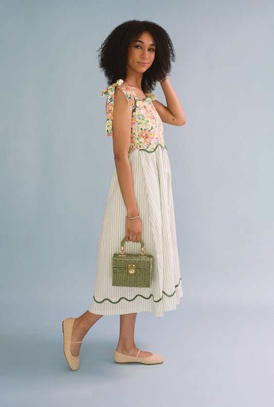 Mixed Print Contrast Scallop Binding Midi Dress