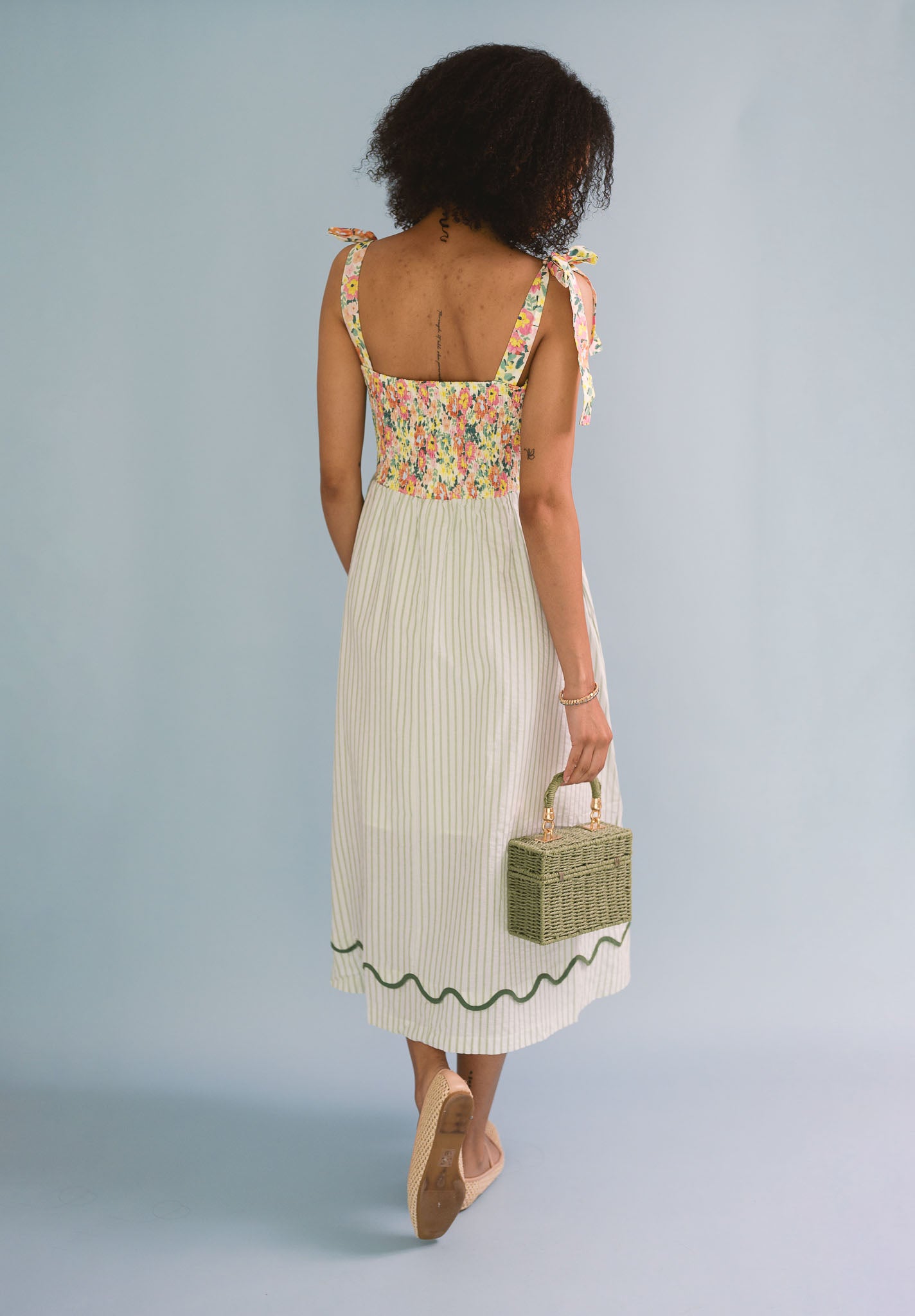 Mixed Print Contrast Scallop Binding Midi Dress