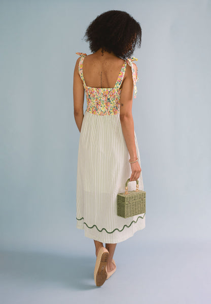 Mixed Print Contrast Scallop Binding Midi Dress