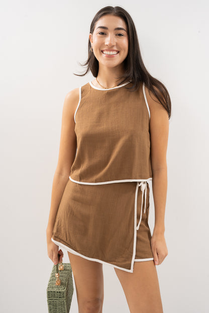 Contrast Trim Wrap Linen Mini Skort