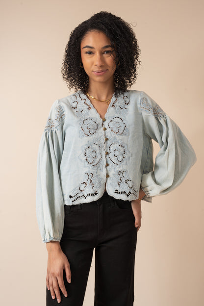 Denim Embroidery Balloon Sleeve Top