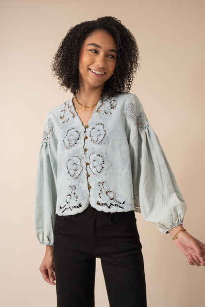 Denim Embroidery Balloon Sleeve Top