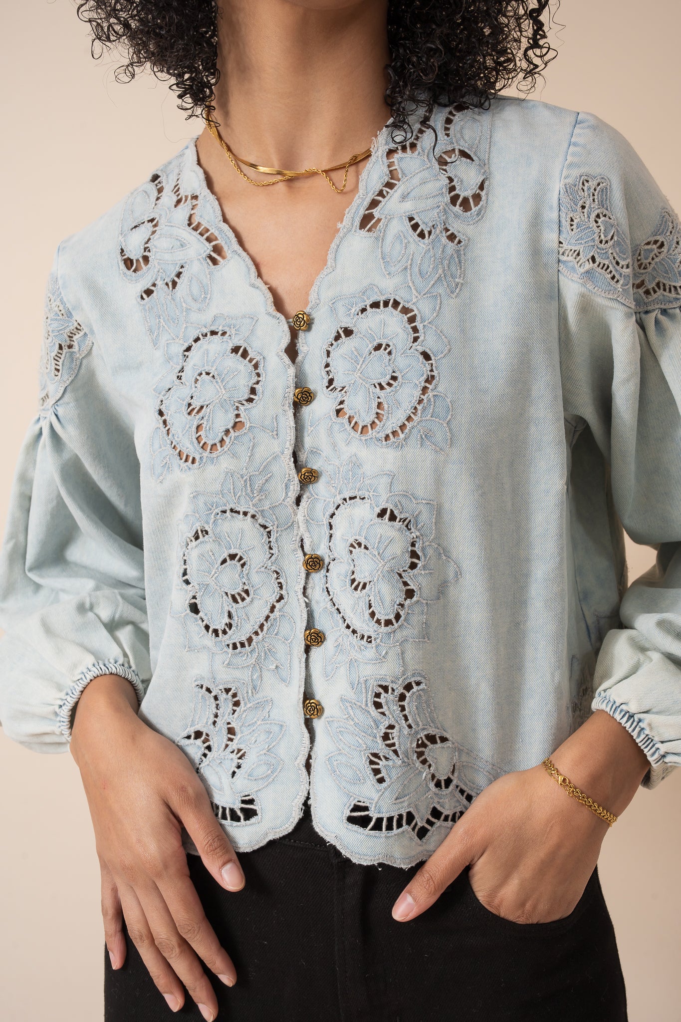 Denim Embroidery Balloon Sleeve Top