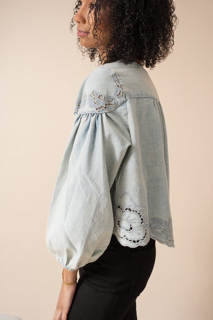 Denim Embroidery Balloon Sleeve Top