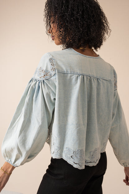 Denim Embroidery Balloon Sleeve Top