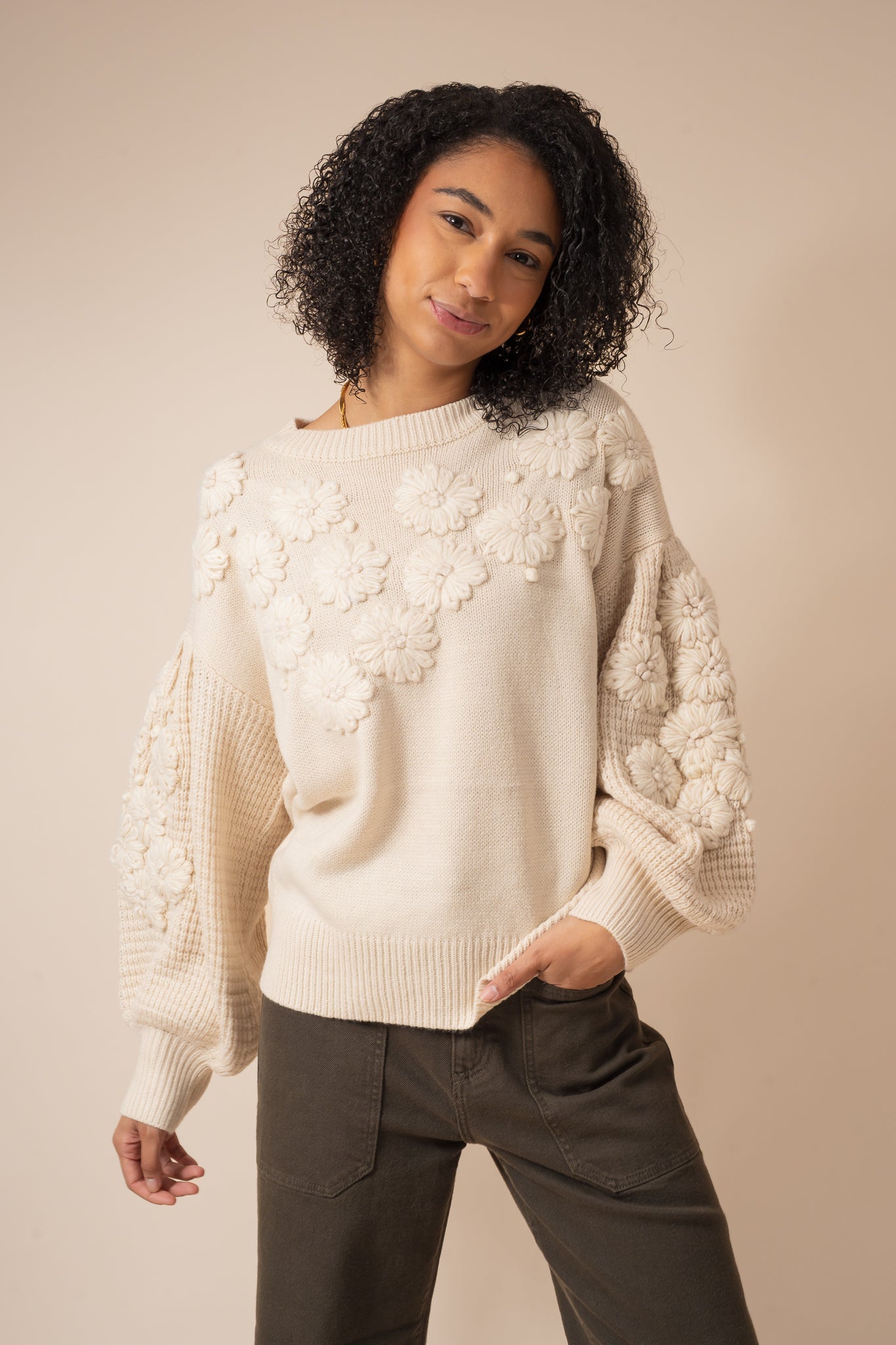 Hand Embroidered Flower Detail Knit Sweater