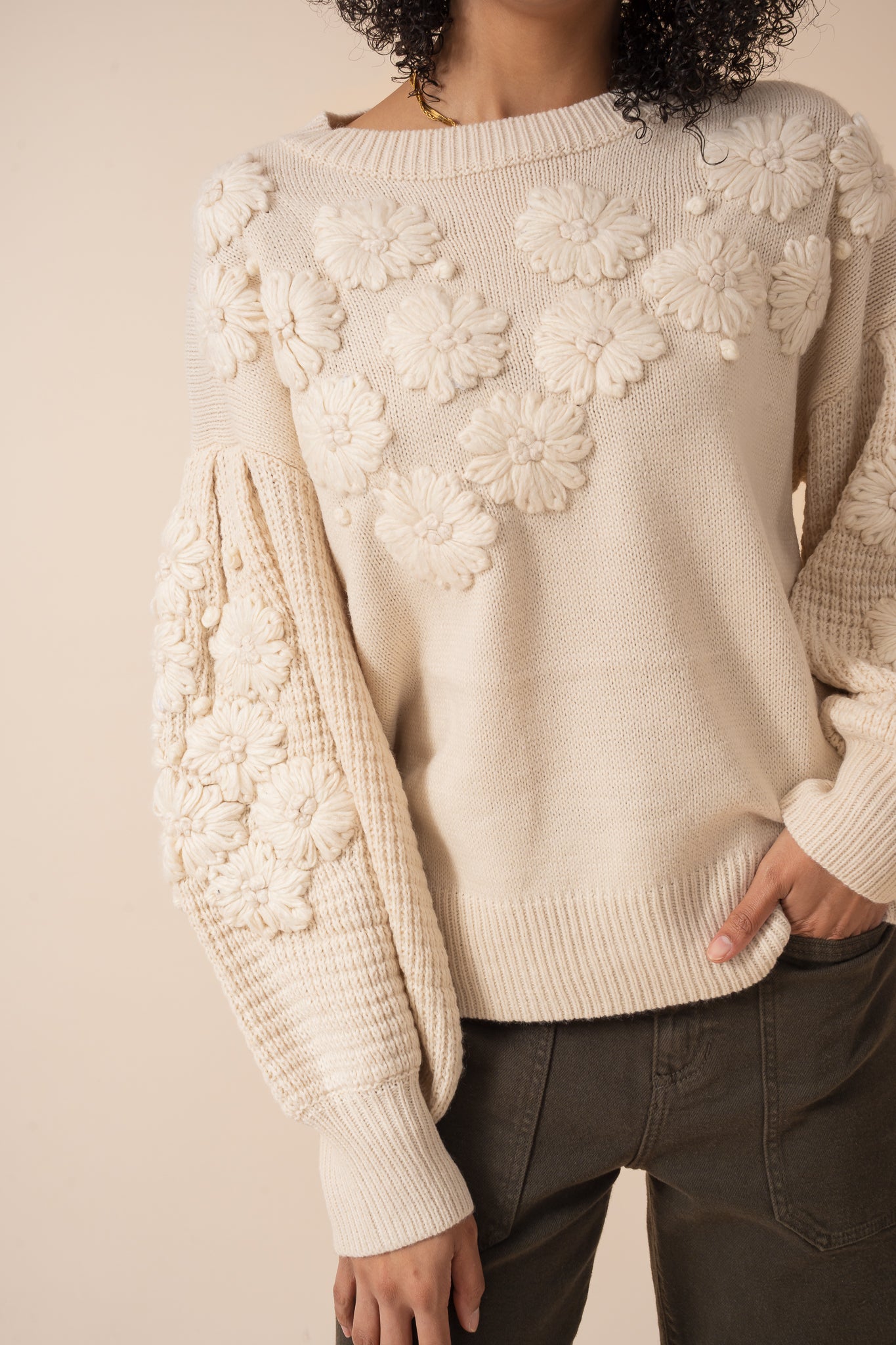 Hand Embroidered Flower Detail Knit Sweater